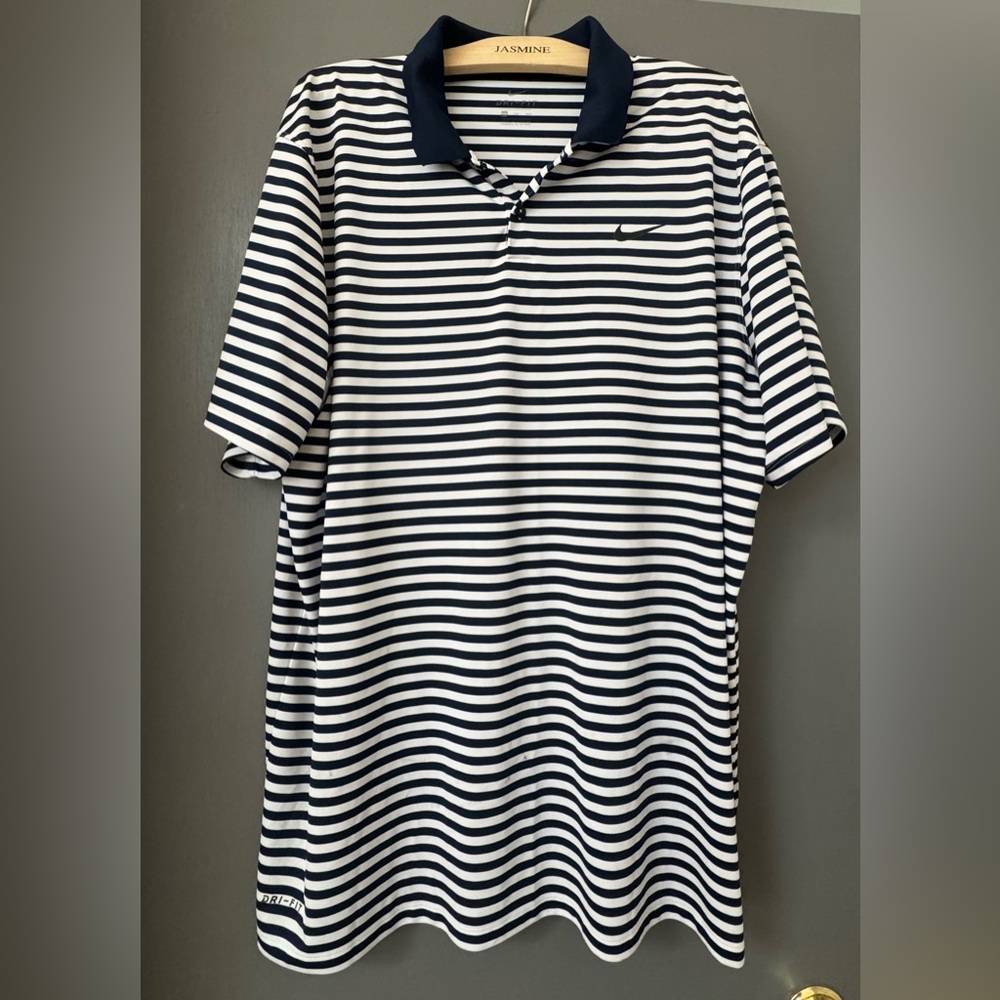 Men's Nike Striped Polo Shirt - Navy and White